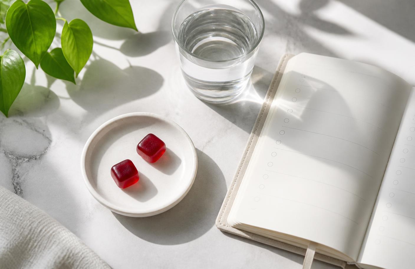 Two red gummies beside water and a daily planner