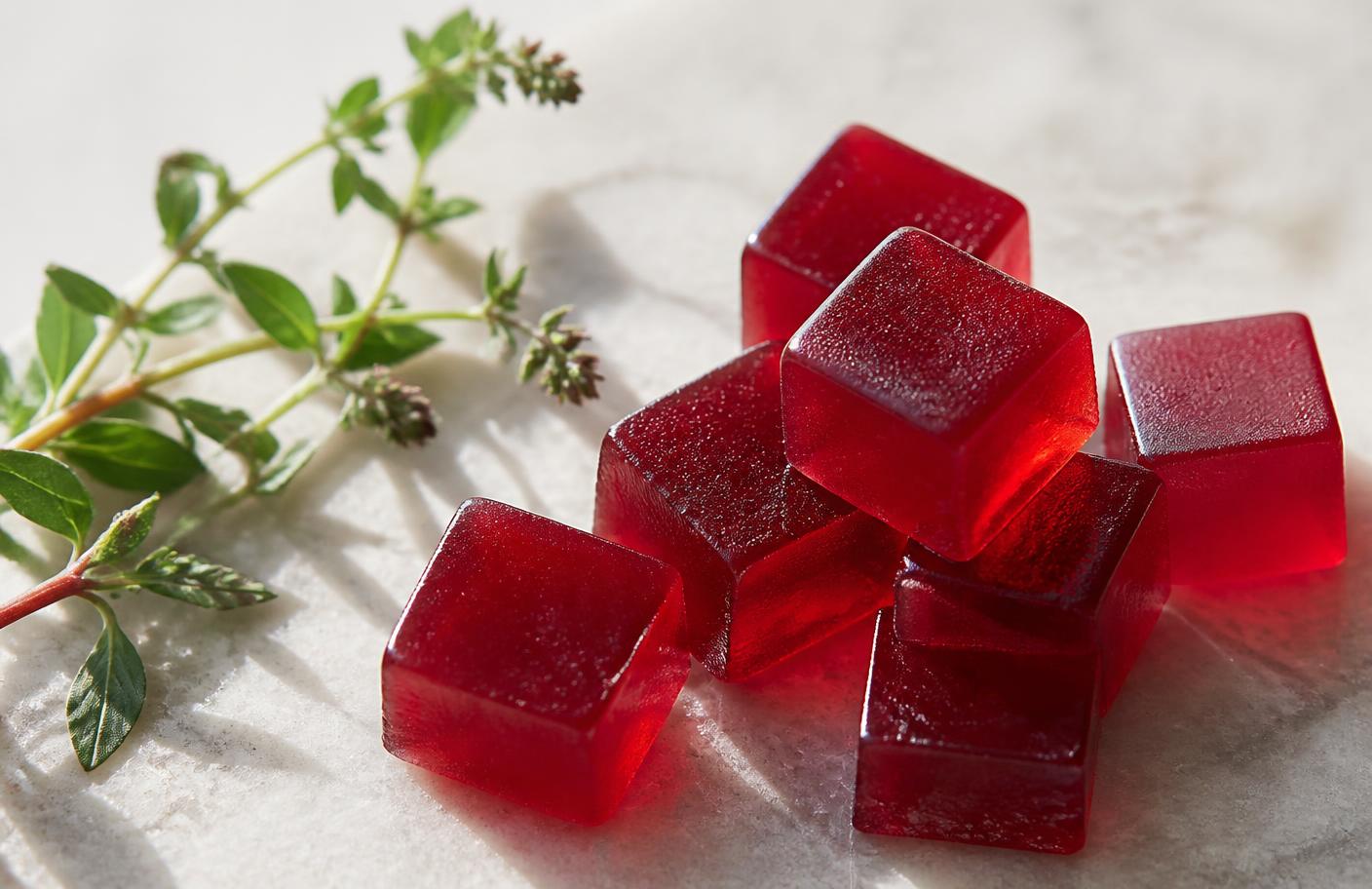 Close-up view of translucent red gelatin gummies