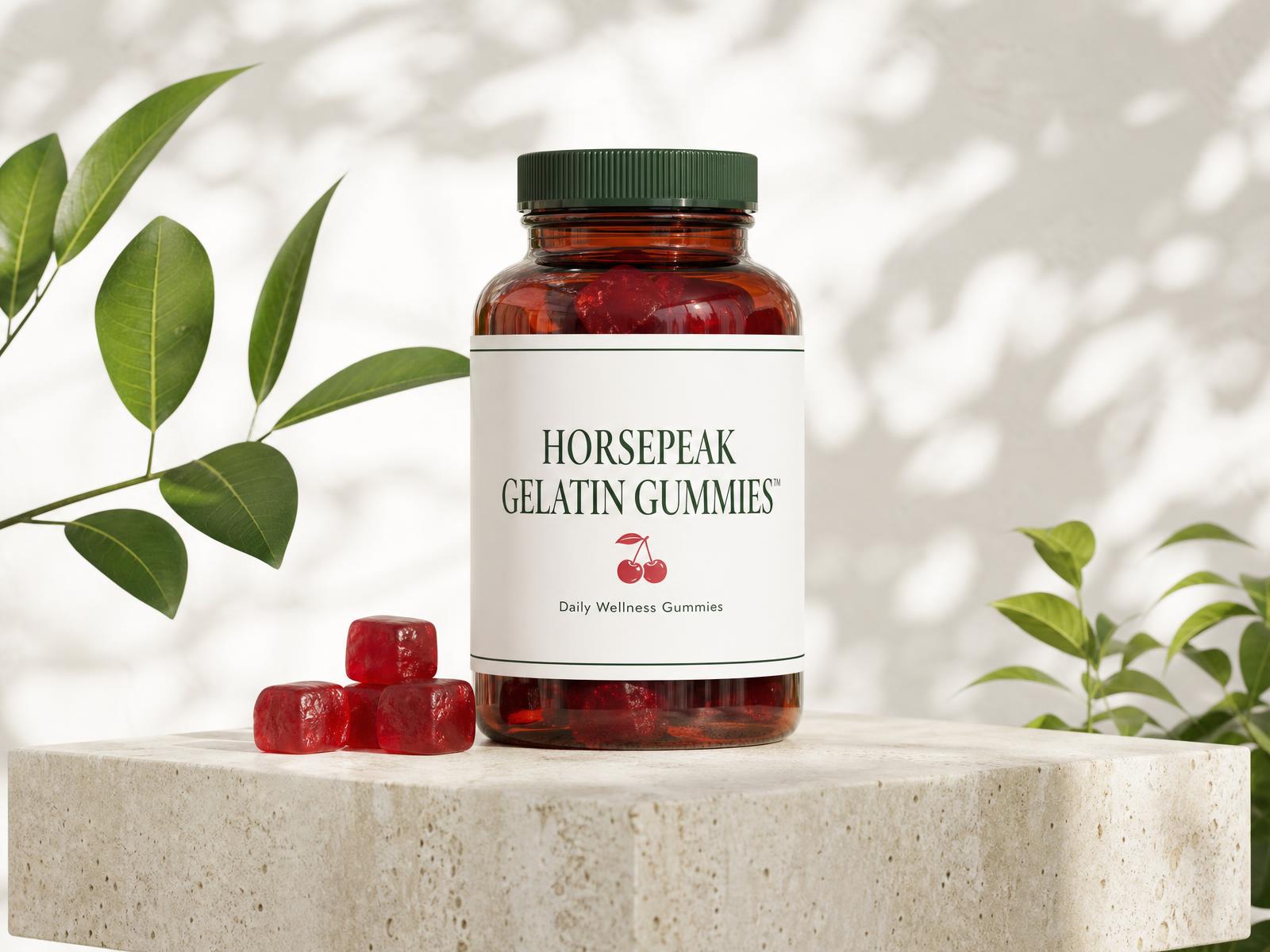 Horsepeak Gelatin Gummies bottle with red gummies and green leaves